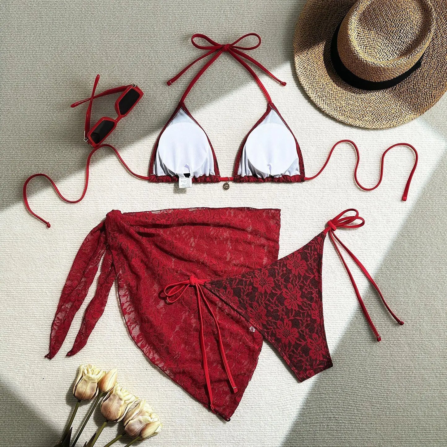 Women's Lace Detail Bikini Set with Removable Padding and Low-Rise Bottoms