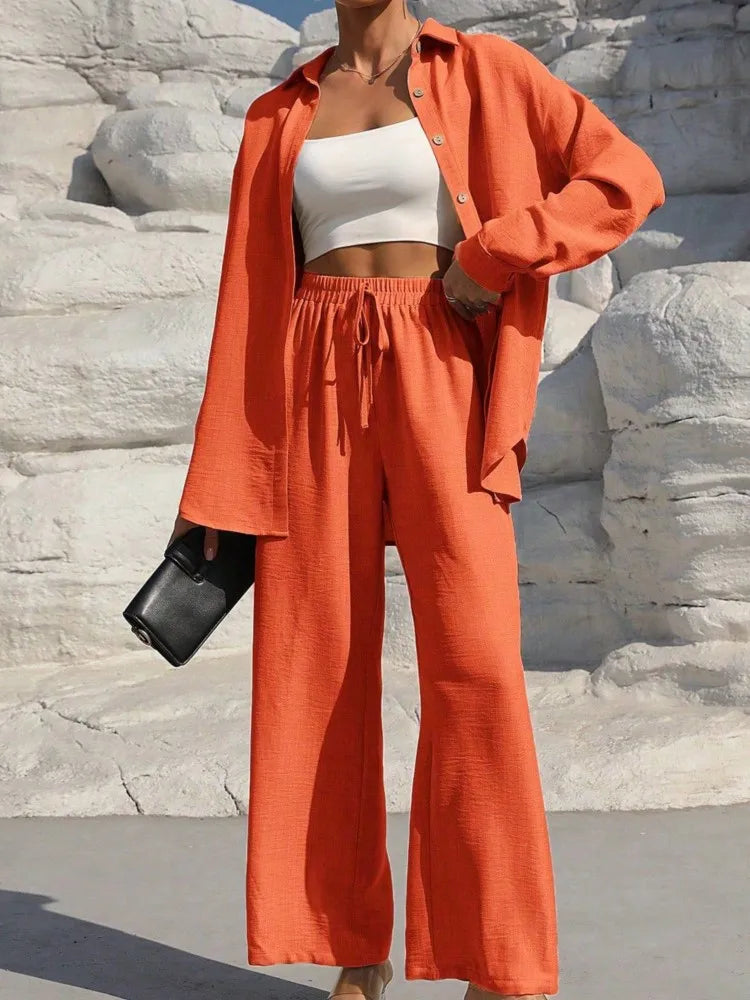 Fashion Solid Set For Women Casual Long Sleeve Turn-down Collar Shirt Tops+High Waist Wide Leg Pants 2 Pieces Sets Lady Clothes