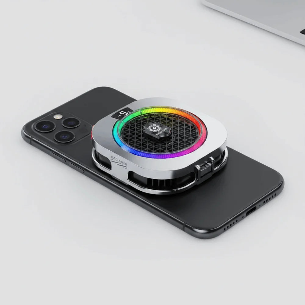 Silver mobile phone cooler with LED lighting and digital temperature display for cooling devices during mobile gaming.