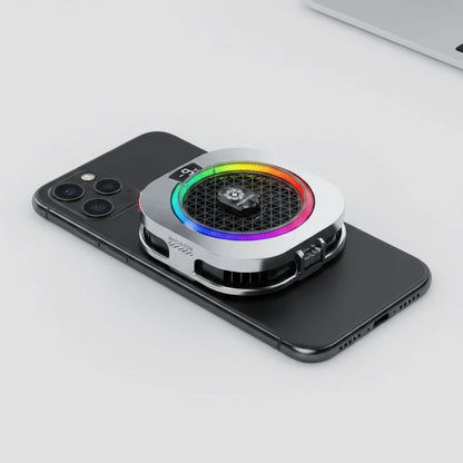 Silver mobile phone cooler with LED lighting and digital temperature display for cooling devices during mobile gaming.