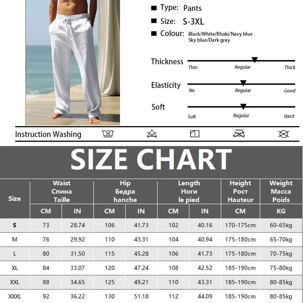 Men's Linen Pants with Wide Leg and Dobby Weave Breathable Elastic Drawstring Waist