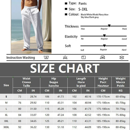 Men's Linen Pants with Wide Leg and Dobby Weave Breathable Elastic Drawstring Waist