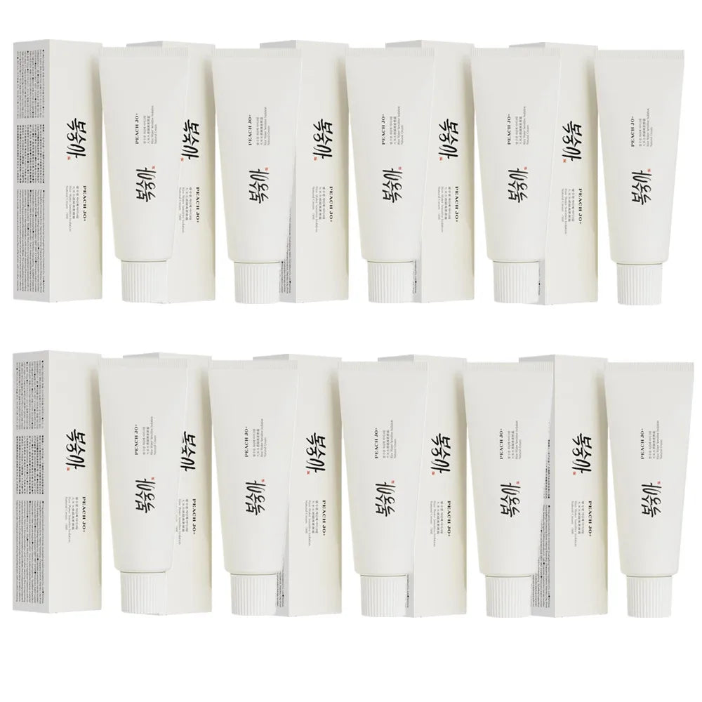 Twelve white tubes of SPF50+ rice extract moisturizing cream with matching boxes, featuring black text and red accents.