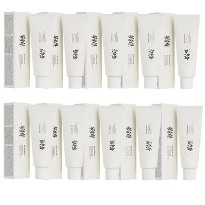 Twelve white tubes of SPF50+ rice extract moisturizing cream with matching boxes, featuring black text and red accents.