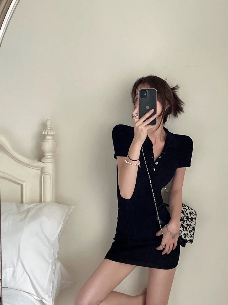 Breathable Polo Neck Knit Dress with Hollow Out Panels for Beachwear