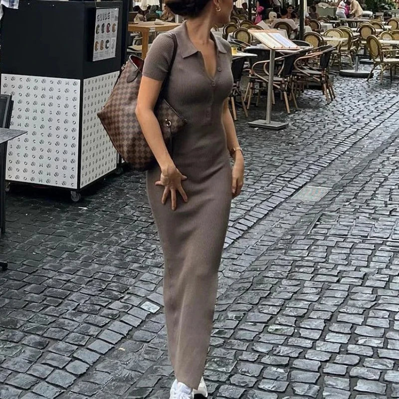 Breathable Silk Blend Maxi Dress With Turn Down Collar For Resort Wear