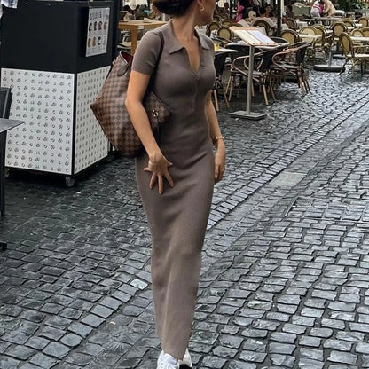 Breathable Silk Blend Maxi Dress With Turn Down Collar For Resort Wear
