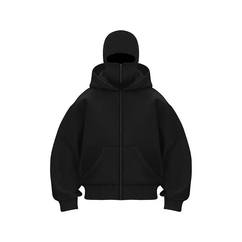 Unisex Cotton Blend Zip Hoodie With Built-In Hooded Face Mask For Cold Weather And Everyday Wear
