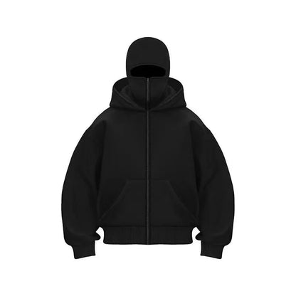 Unisex Cotton Blend Zip Hoodie With Built-In Hooded Face Mask For Cold Weather And Everyday Wear