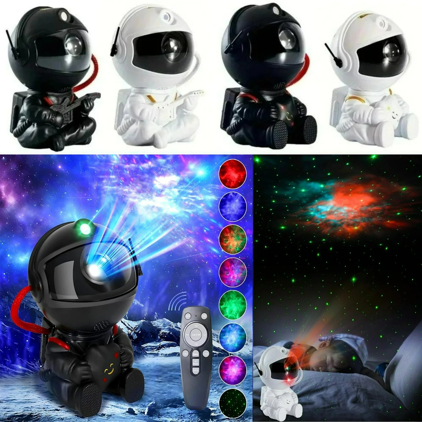 Black and white astronaut LED home decor projects galaxy lights for kids' bedroom ceilings with adjustable brightness.