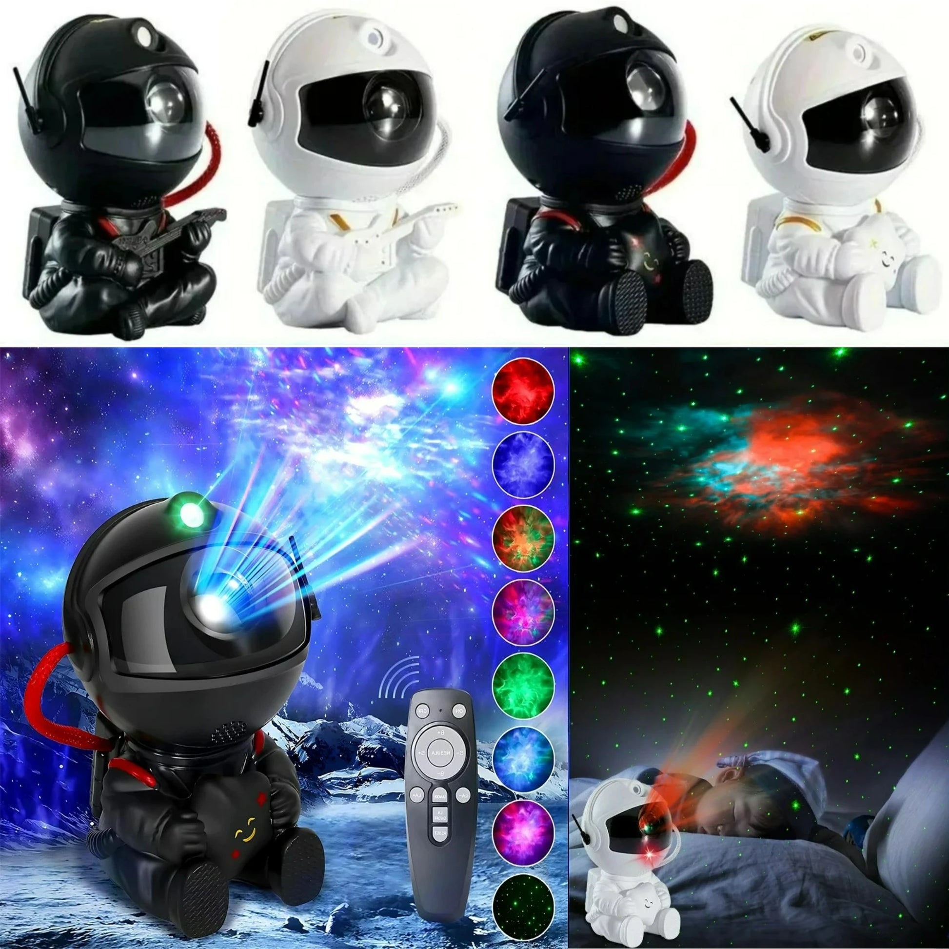 Black and white astronaut LED home decor projects galaxy lights for kids' bedroom ceilings with adjustable brightness.