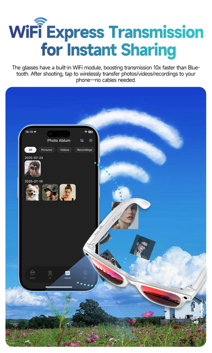 2026 Smart Glasses 8MP Camera WiFi Bluetooth Touch Control IP65 Waterproof AI Translation Noise Cancelling AI Glasses Women