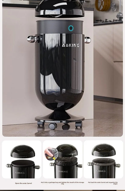 Glossy black cylindrical trash can with domed lid and wheels on a round base, labeled ADKING.