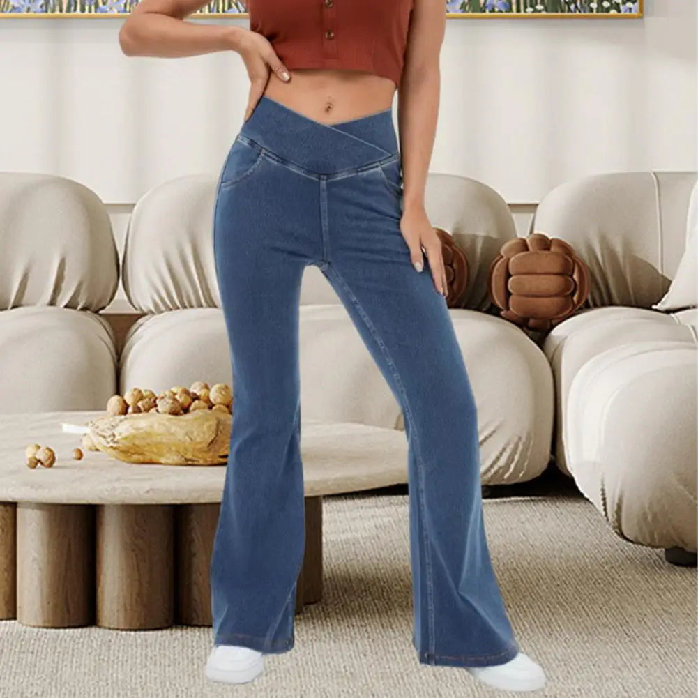 High-Waist Flared Jeans With Elastic Waist And Handy Pockets For Women