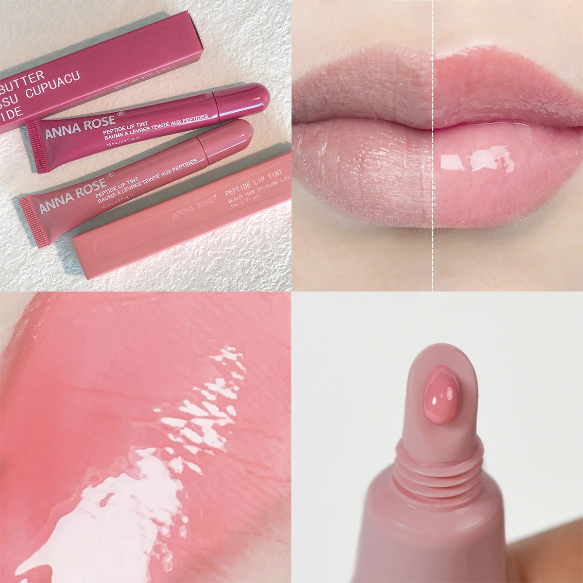 Lip gloss hydrating peptide tint with moisturizing finish in squeeze tube and boxes