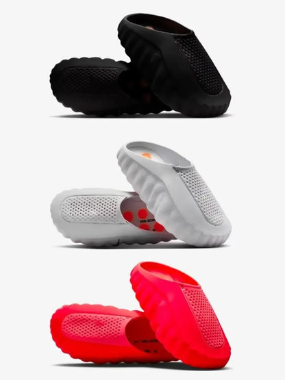 Black, white, and red EVA slip-on shoes with textured massage soles and perforated design for comfortable daily wear.