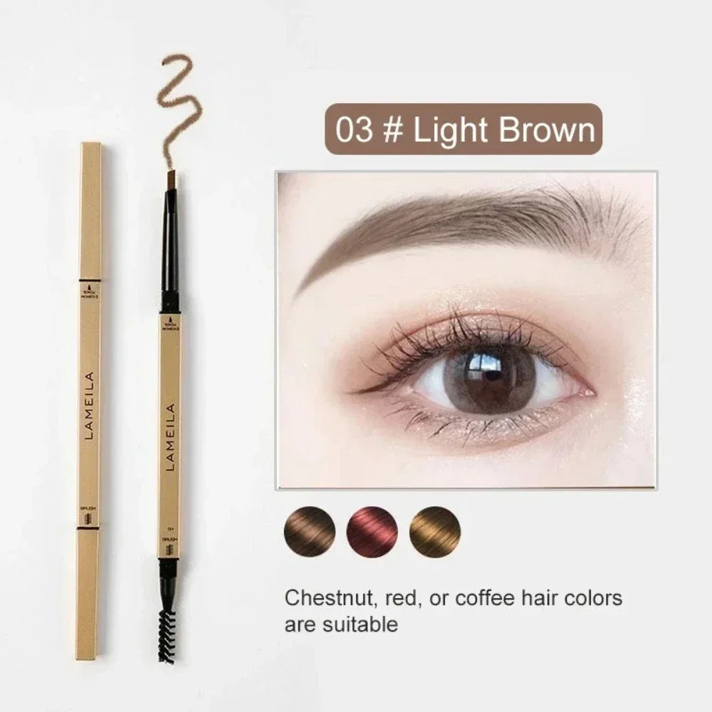 Waterproof eyebrow pencil with triangular tip and brush