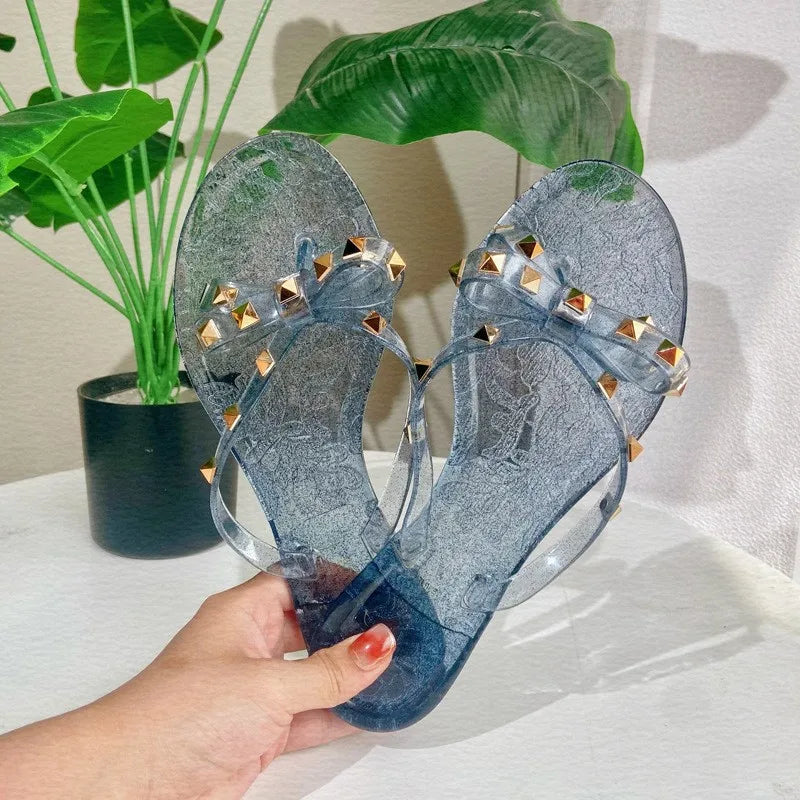 Studded Flat Bot Thong Slippers Holiday Beach Sandals Women's Jelly Slip-On oes Comfortable Casual PVC Footwear