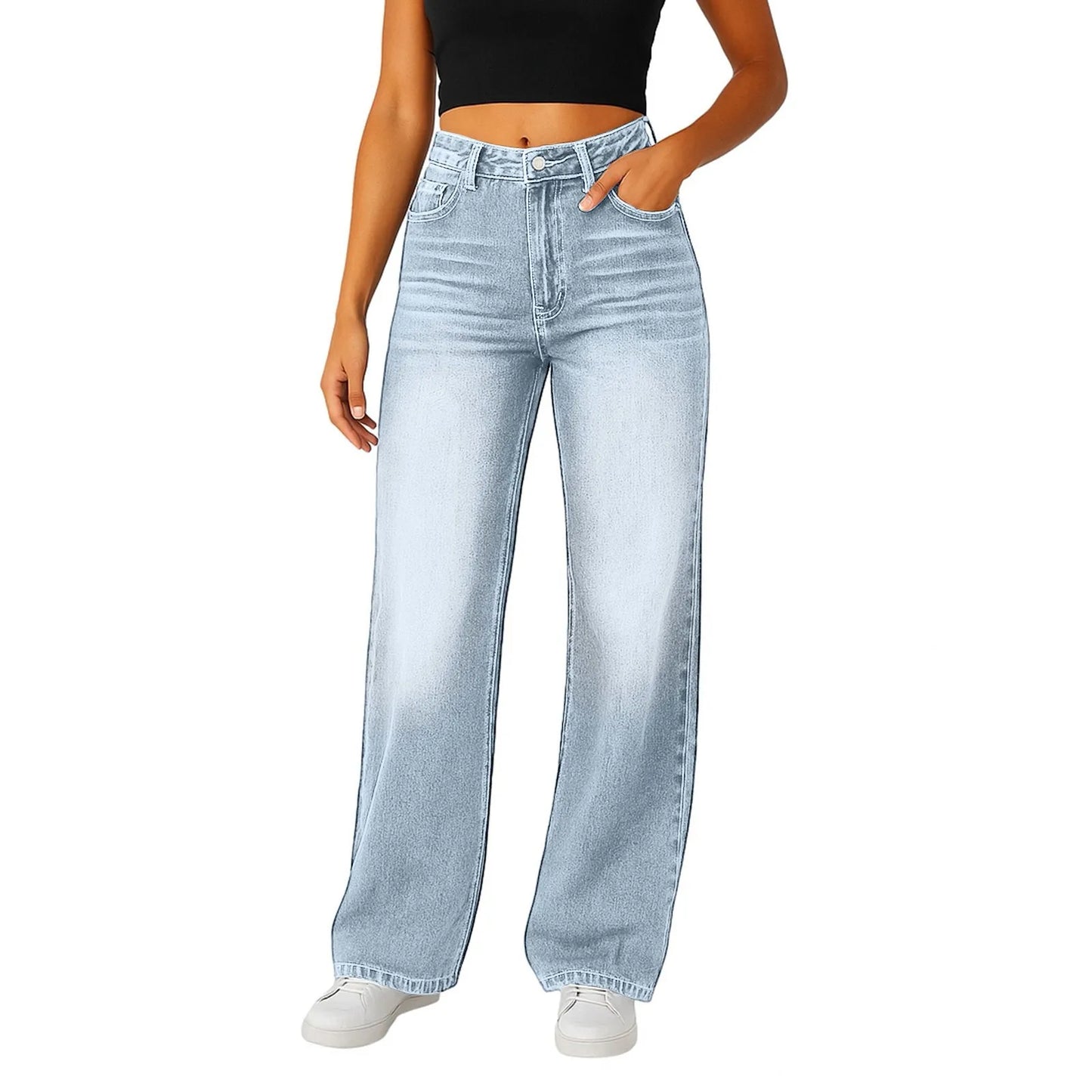 Soft Light Blue Wide Leg Jeans High Waist With Front Pockets Stretch