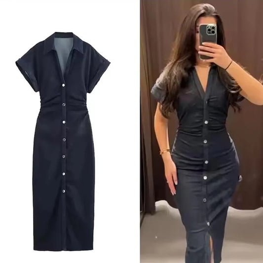 Denim Midi Dress - Women's Ruched Short Sleeve Casual Streetwear Dress
