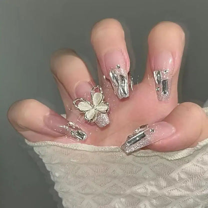 24Pcs Glitter Diamond Press On Nails Blush Pink Cat Eye Fake Nails Sweet Cute Coffin Full Cover Short Square False Nail Tips Art