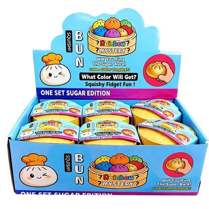 Soft foam dumpling slow rising squishy fidget toy in a yellow bamboo steamer box for tactile sensory play.