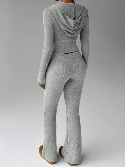 Cozy Women's Loungewear Set Zip-Up Hooded Top with Drawstring and Flared-Leg Trousers–Casual Fashionable Homewear