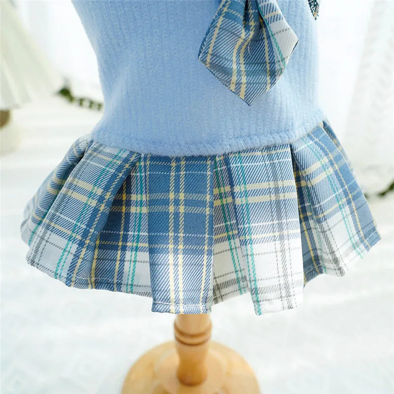 Knitted dog dress with a plaid skirt for everyday outings