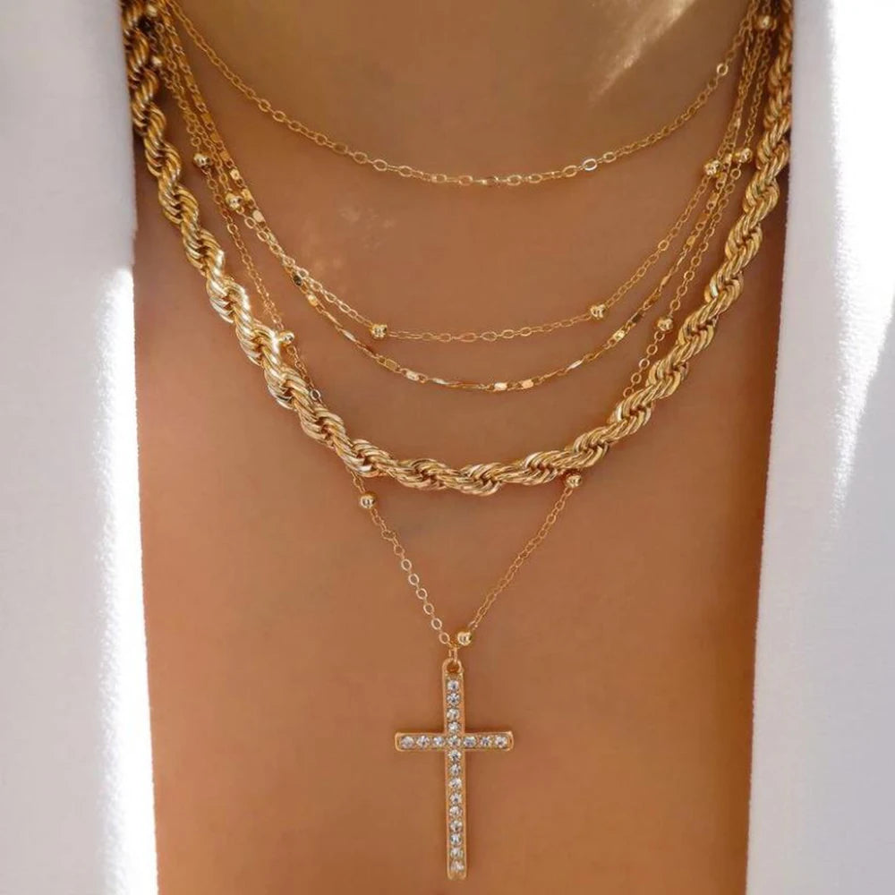 Necklace layered crystal pendant necklace set with rhinestones cross pendant