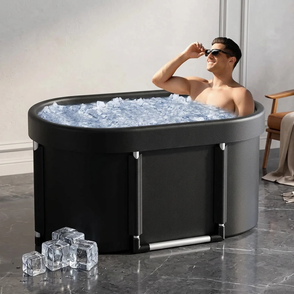 Ice bath tub oval sports and outdoors recovery tank with support frame filled with ice cubes