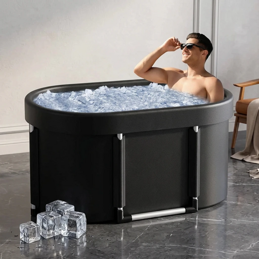 Ice bath tub oval sports and outdoors recovery tank with support frame filled with ice cubes