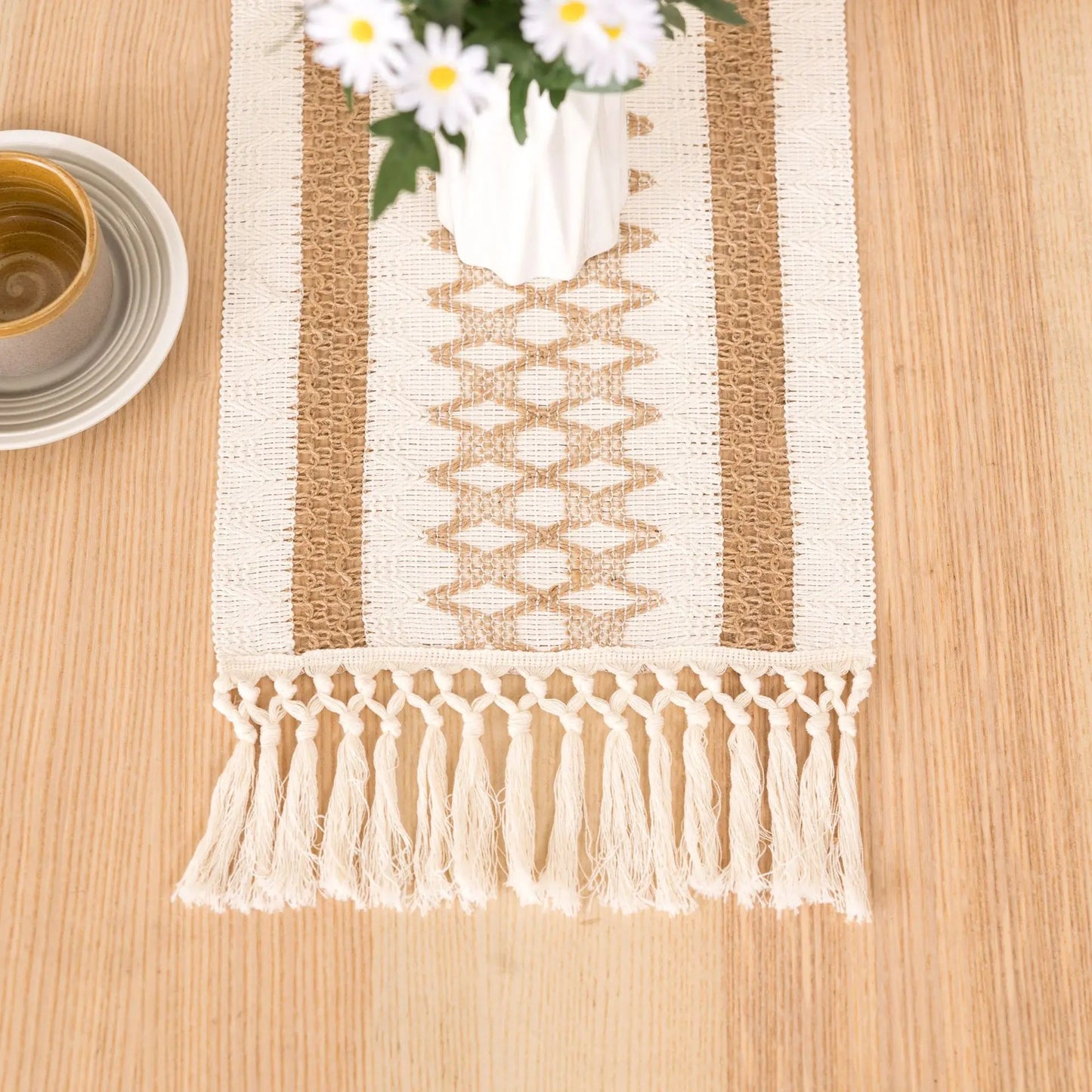 Rustic Burlap Table Runner with Crochet Lace Edge for Farmhouse Dining