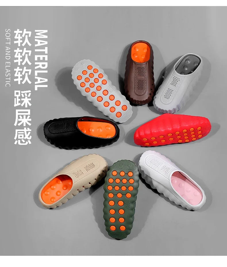 Multi-colored slip-on sandals with cushioned thick soles and perforated material for all-day comfort.