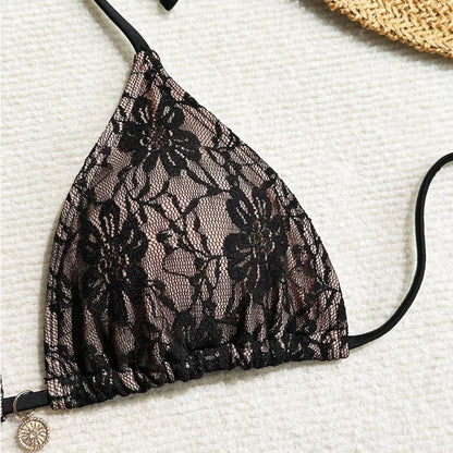Women's Lace Detail Bikini Set with Removable Padding and Low-Rise Bottoms