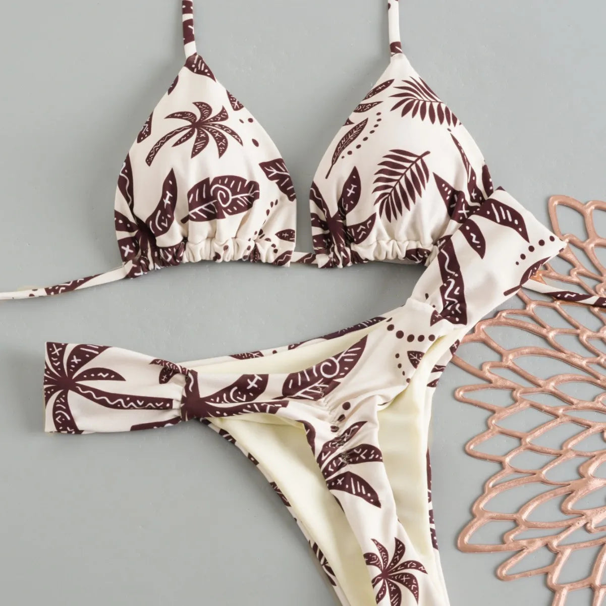 Women's Triangle Lace-Up Bikini Set with Adjustable Straps and Thong Bottom