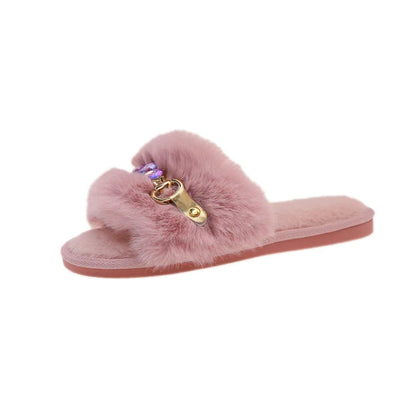 Embellished Crystal Chain Slippers with Winter Warmth Anti Slip Grip