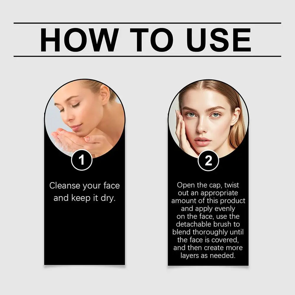 Foundation stick application instructions showing face cleansing and twisting up product for blending