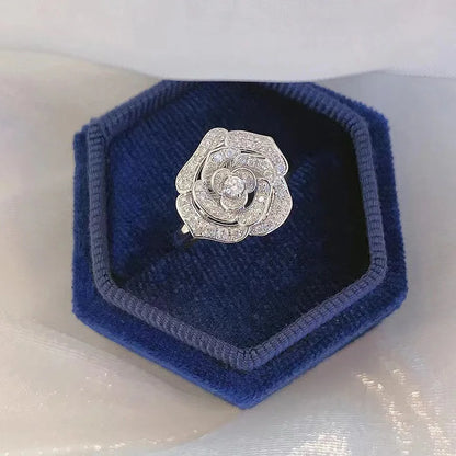 Lab-Grown Ring with Emerald-Cut Diamond Flower Core in Sterling Silver