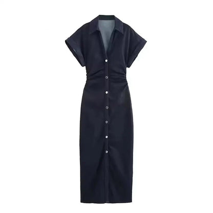 Denim Midi Dress - Women's Ruched Short Sleeve Casual Streetwear Dress