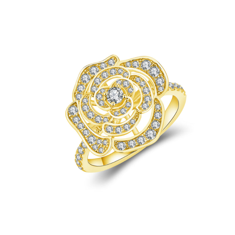 Gold-plated silver ring featuring a paved flower design set with sparkling moissanite stones.