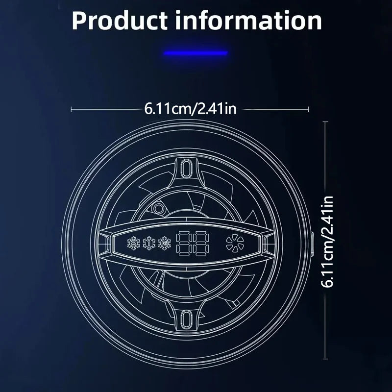 White outline of a circular magnetic phone cooling fan with digital display for mobile gaming and streaming.