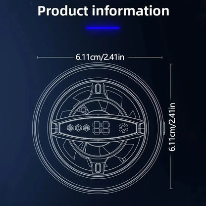 White outline of a circular magnetic phone cooling fan with digital display for mobile gaming and streaming.