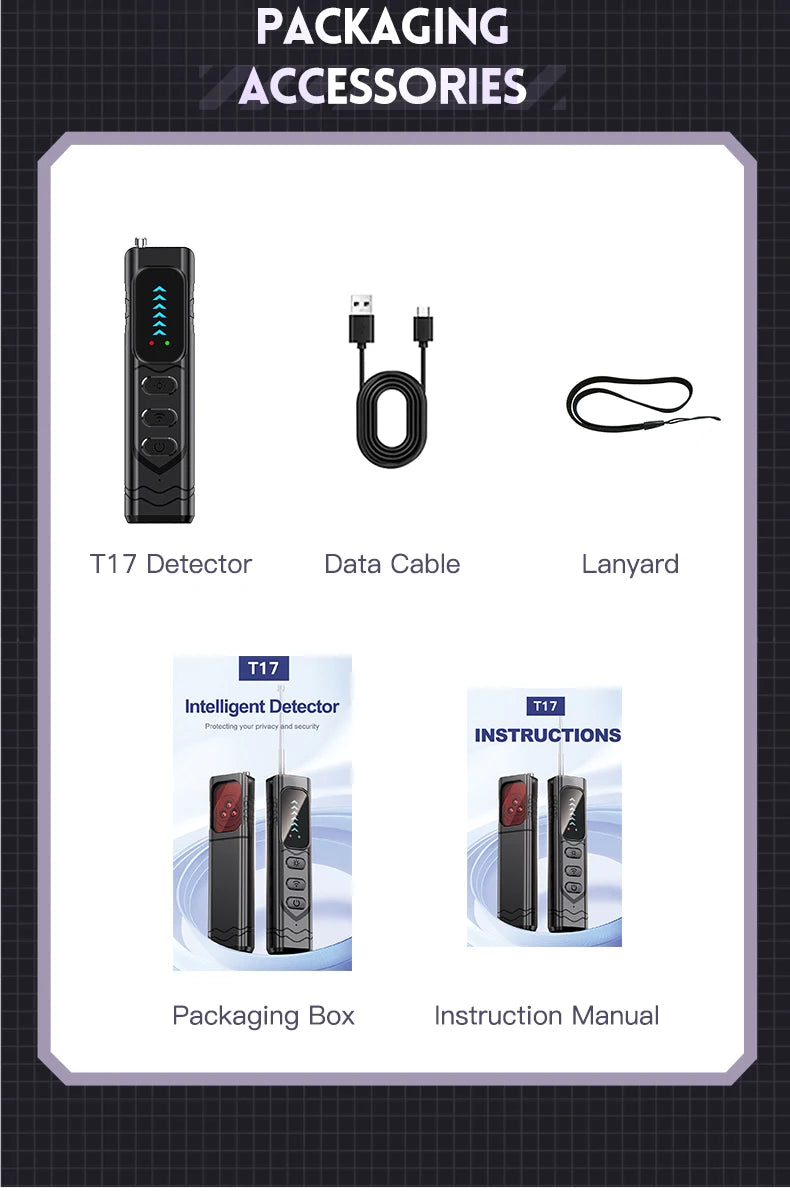Black T17 smart camera detector with USB charging cable, lanyard, packaging box, and instruction manual.