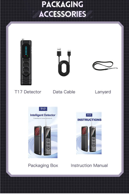 Black T17 smart camera detector with USB charging cable, lanyard, packaging box, and instruction manual.
