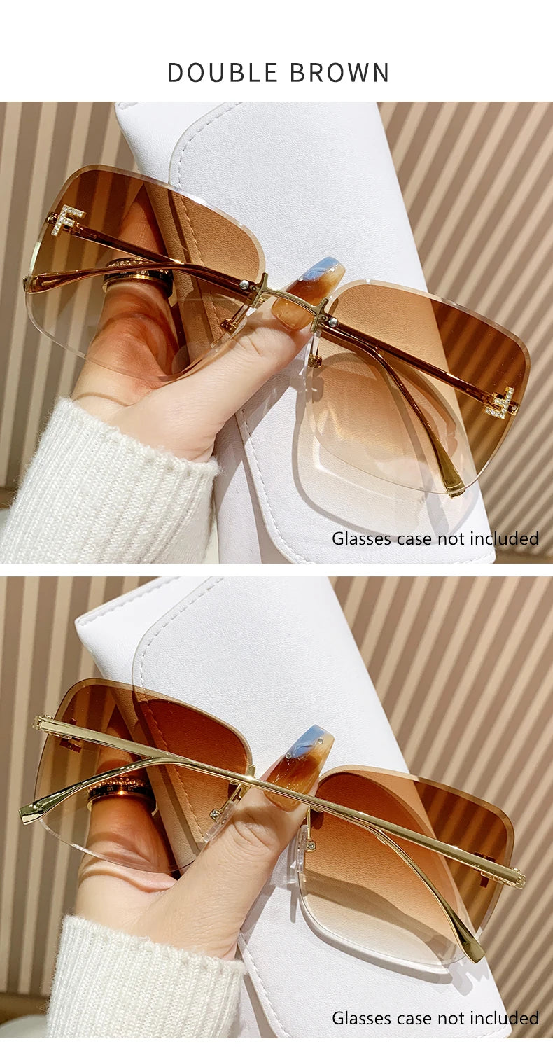 Featherlight Rimless Sunglasses Large Square Frame with Diamond Accent