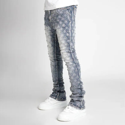 Stretchy Pearls Skinny Jeans For Men 2024 New Fashion Fashion Rhinestone European Street Personality Stacked Denim Pants