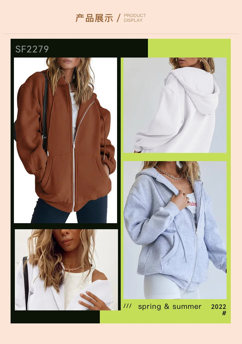 Women's Cotton Blend Hooded Sweatshirt With Zipper And Drawstring Pocket Long Sleeve