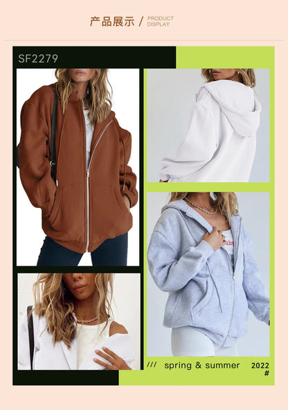 Women's Cotton Blend Hooded Sweatshirt With Zipper And Drawstring Pocket Long Sleeve