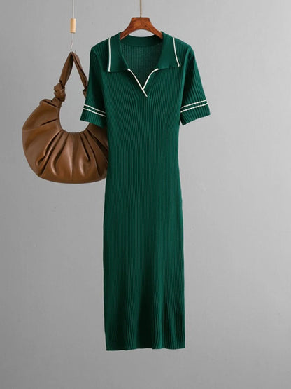 Polo-Neck Dress Knee-Length Office to Casual Wear Breathable