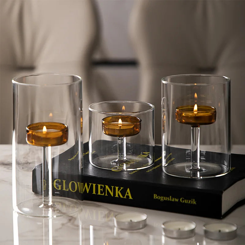 Glass candle holder for block candles and table decor